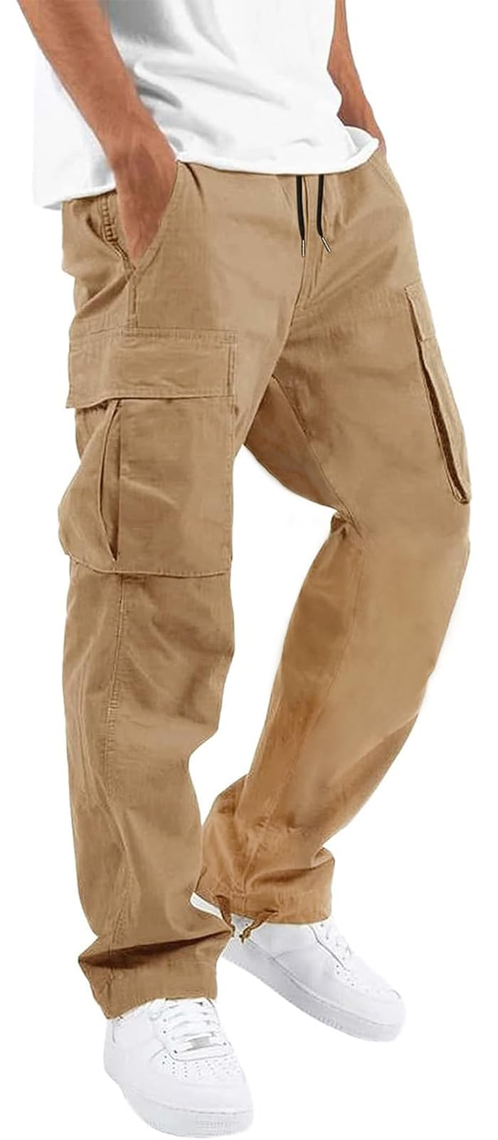 HUNGSON Mens Cargo Pants Drawstring Casual Hiking Pants Joggers Athletic Trousers Cotton Loose Straight Sweatpants for Men